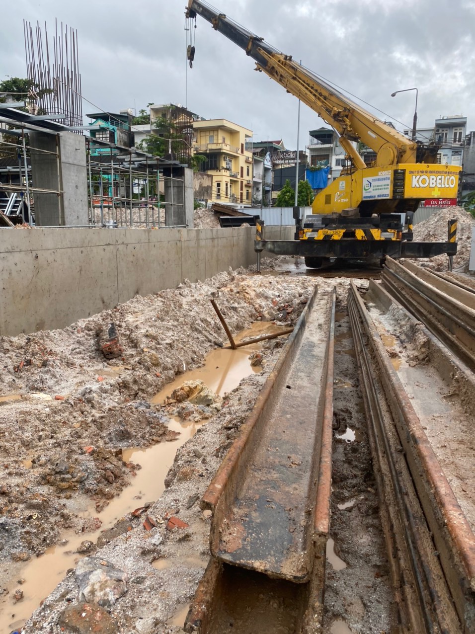 Cẩu lốp thi công nhổ cừ larsen